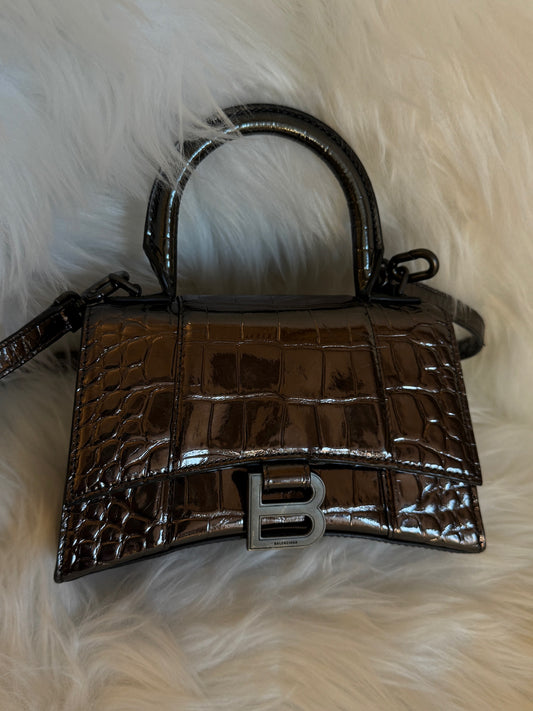 Balenciaga Hourglass XS Croc-Embossed Patent Leather Top Handle Bag