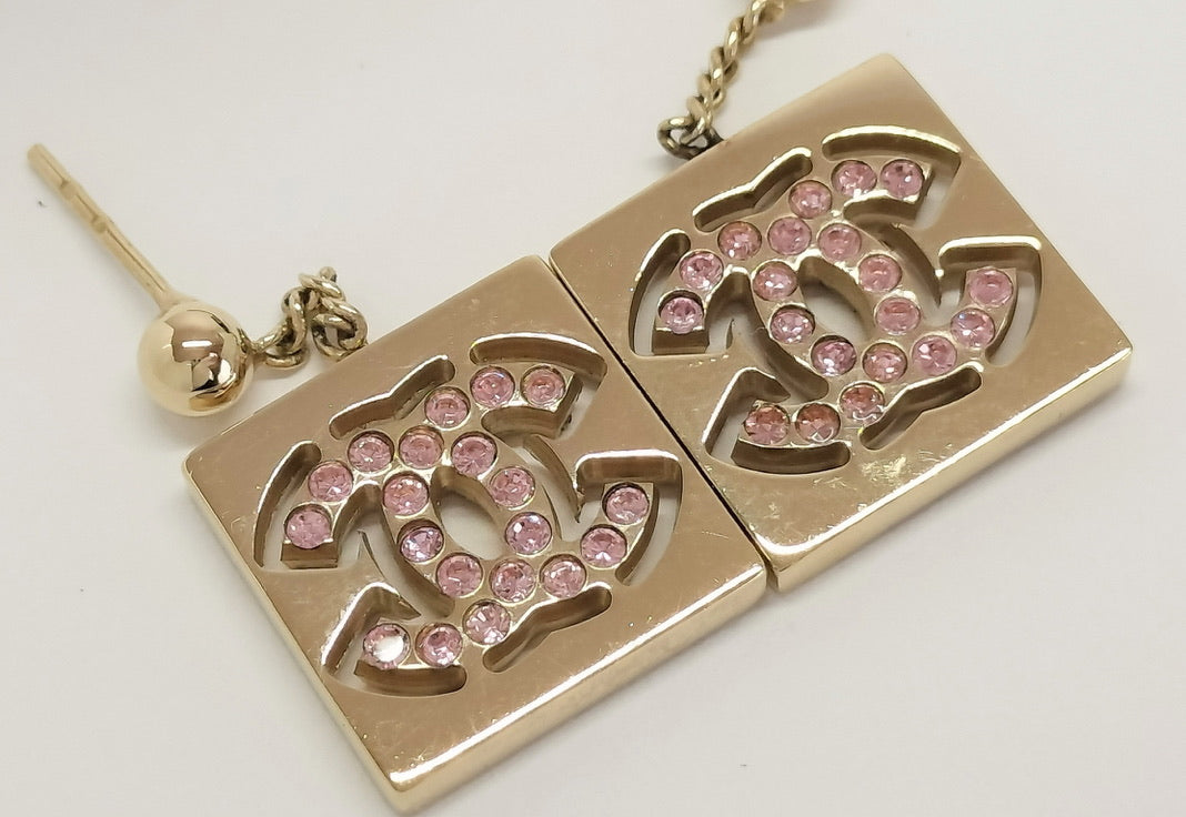 Chanel Gold-Tone Pink Crystal CC Drop Earrings