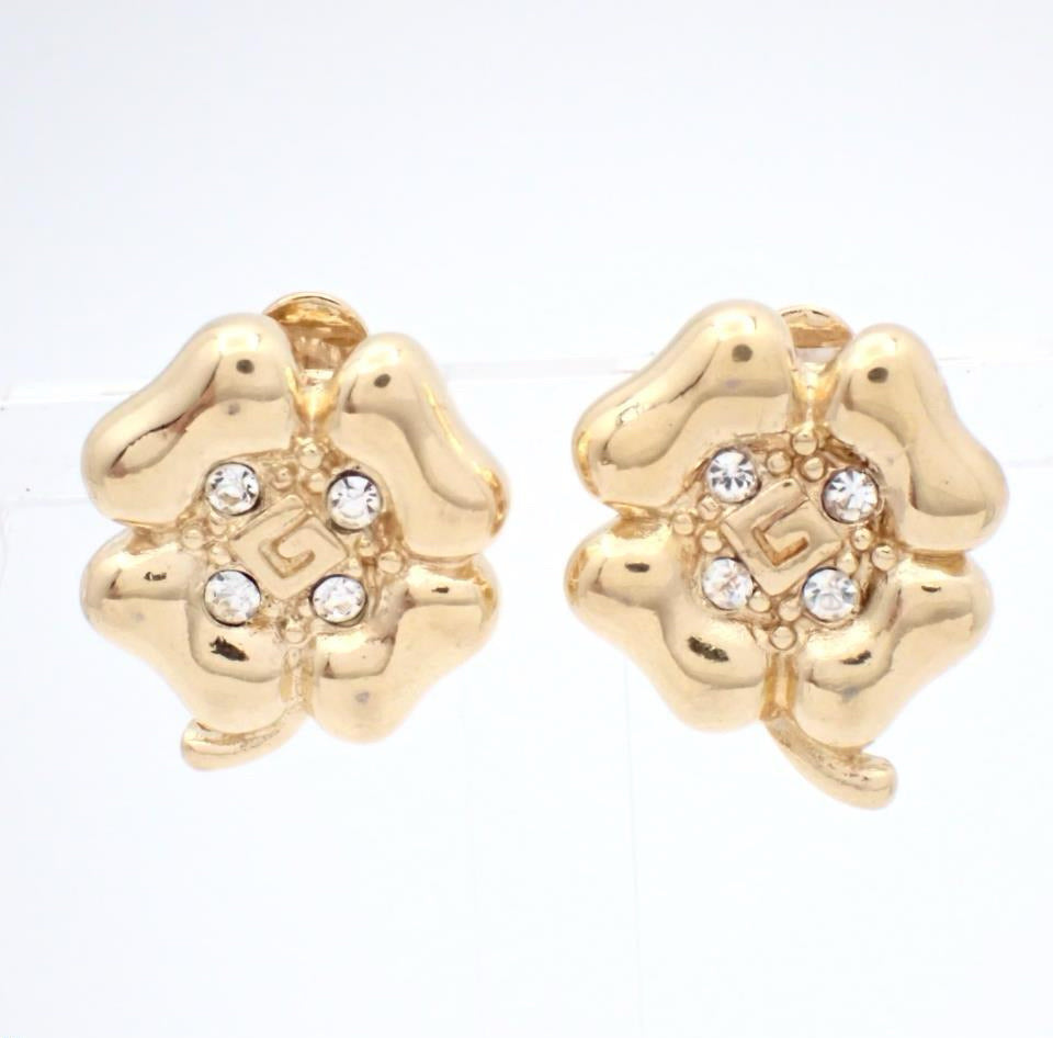 Vintage Givenchy Gold Clover Crystal Ear Clips