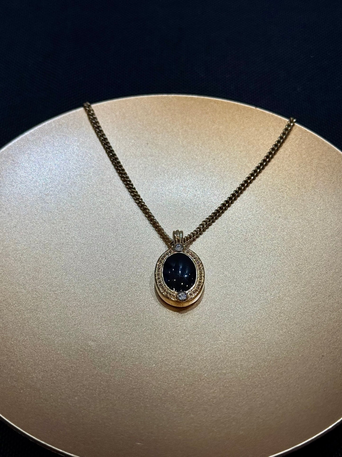 Vintage Dior Black Cabochon & Crystal Oval Pendant Necklace