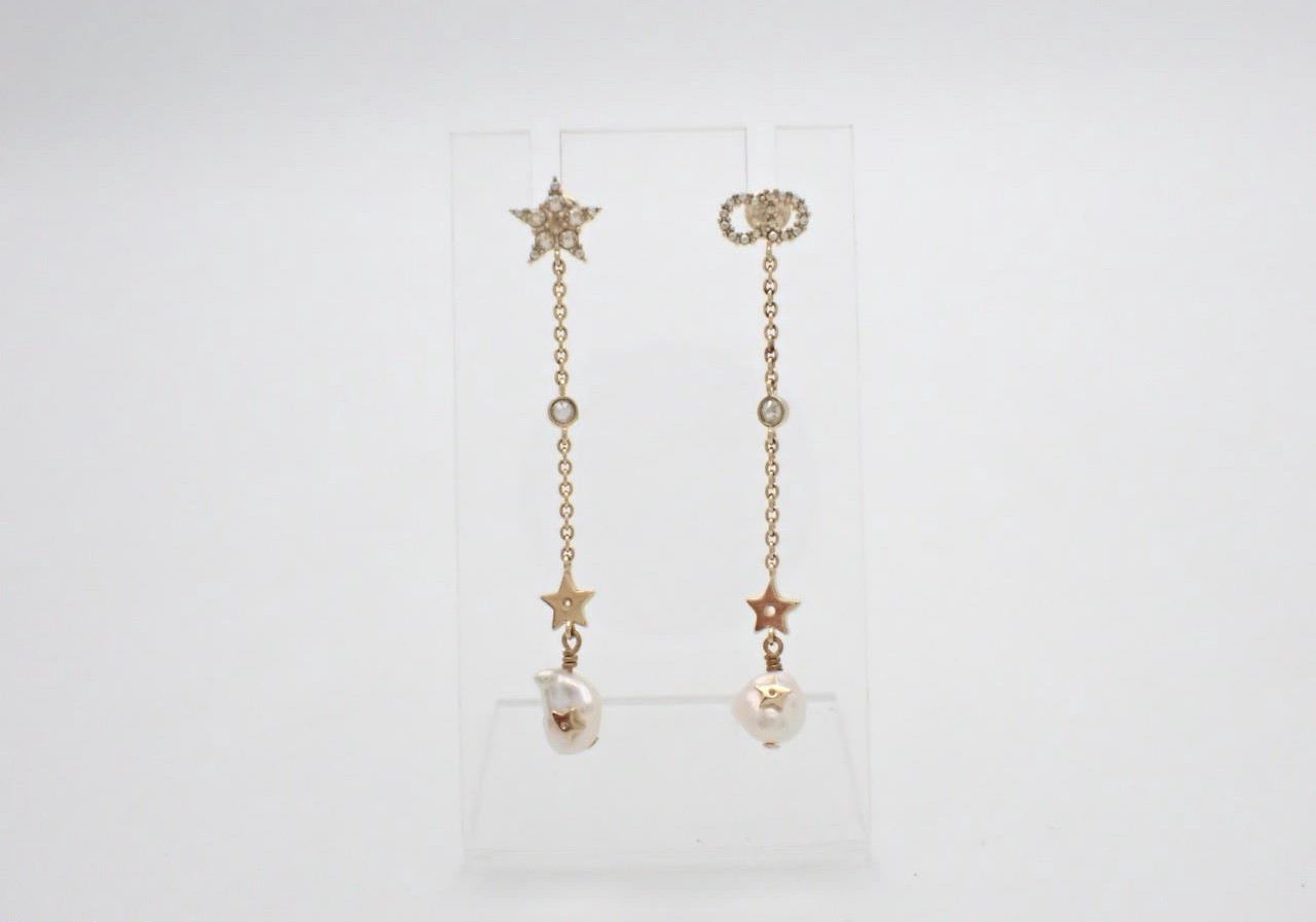 Dior Star & Crystal Pearl Chain Drop Earrings