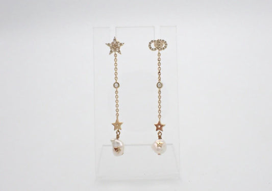Dior Star & Crystal Pearl Chain Drop Earrings