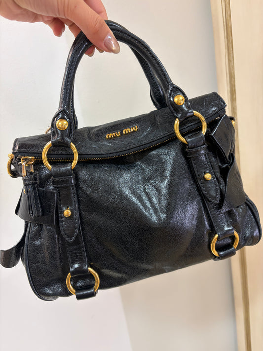 MiuMiu Vitello Lux Bow Satchel – Black