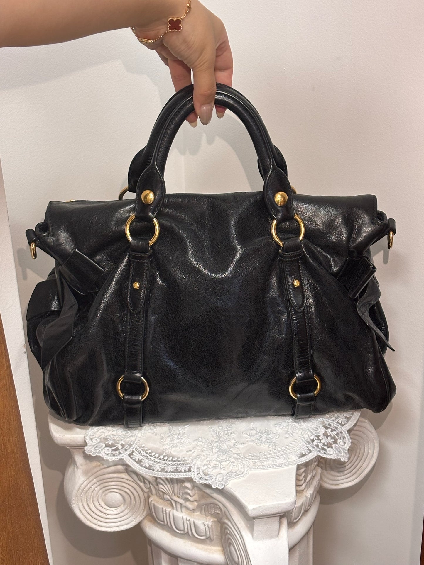 Miu Miu Vintage Black Distressed Leather Satchel