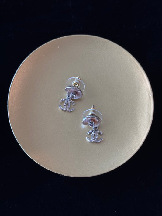 CHANEL Crystal CC Drop Earrings with Pink Camellia Stud Earrings