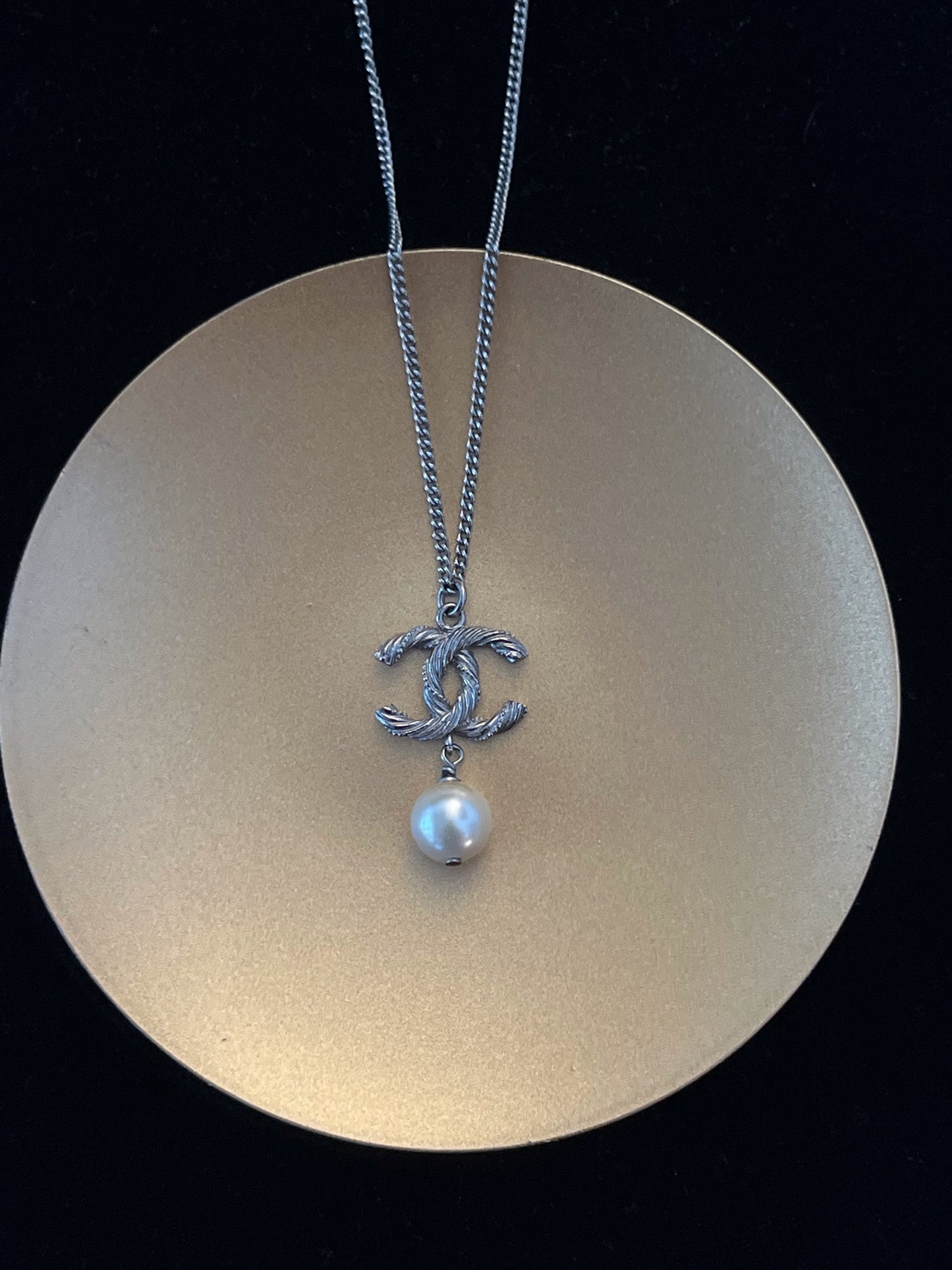 Vintage Chanel Twisted CC Pearl Drop Necklace – Silver Tone