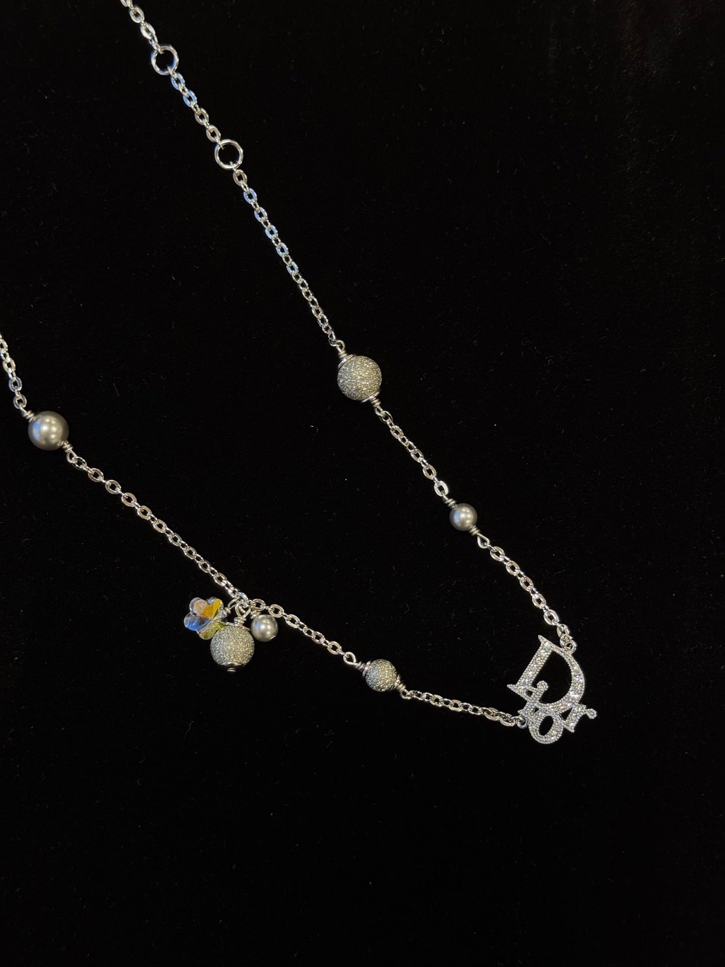 Vintage Dior Crystal Logo Charm Necklace – Silver Tone