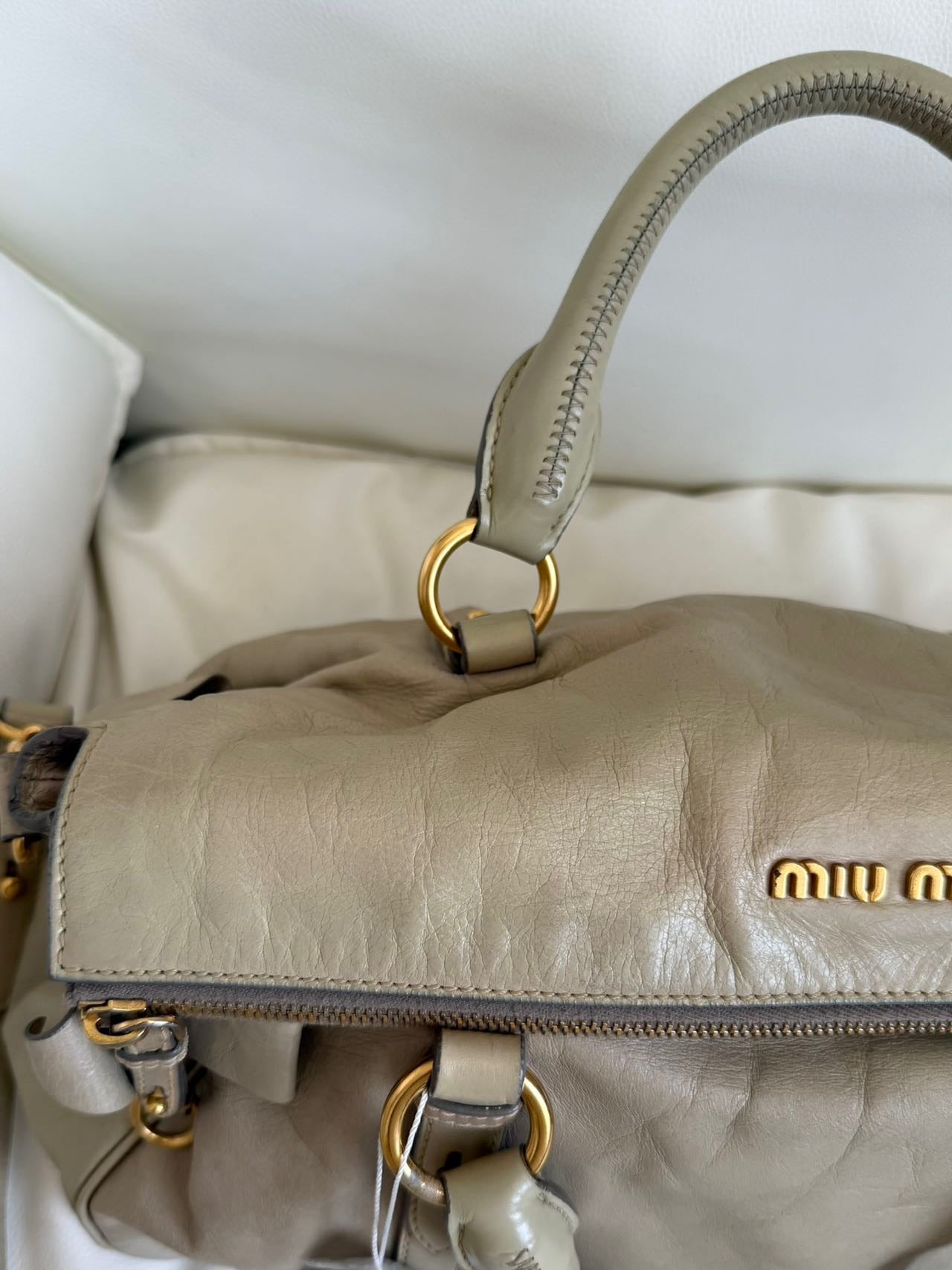 Miu Miu Vitello Lux Bow Satchel – Taupe Grey