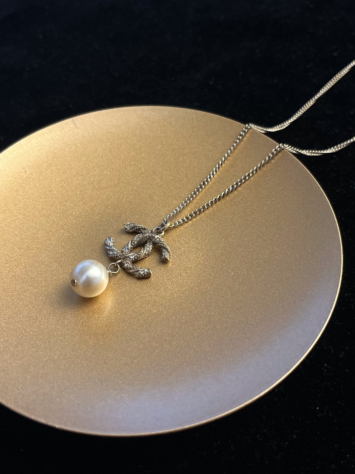 Chanel 2015 Double-Sided Twisted CC Crystal Pearl Drop Necklace