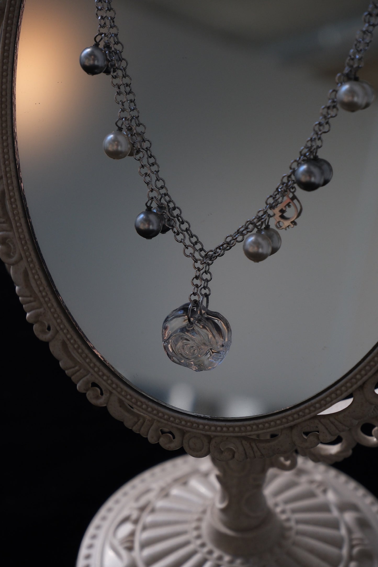 Dior Vintage Glass Rose & Pearl Charm Necklace (Silver Tone)