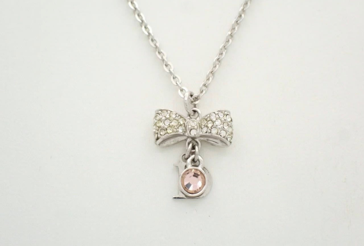 Vintage Dior Crystal Bow Charm Necklace – Silver Tone