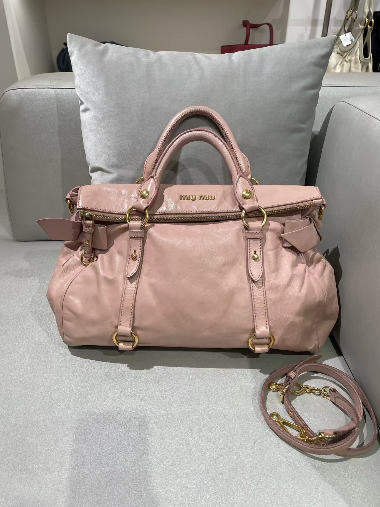 Miu Miu Vitello Lux Bow Satchel – Pink