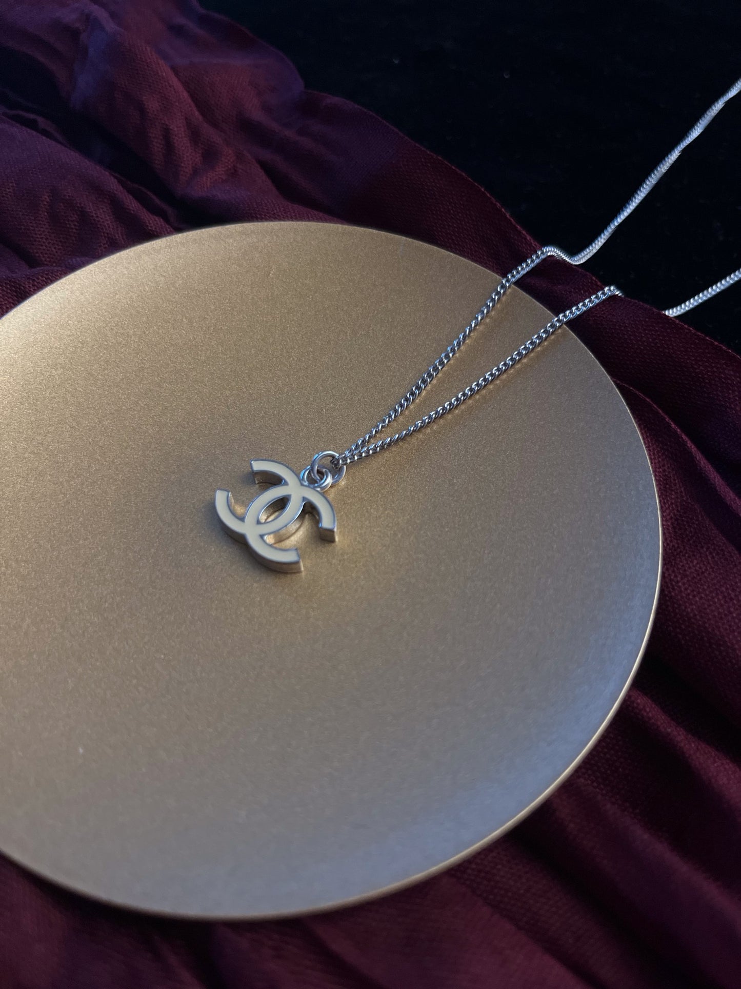 Chanel 2005 Ivory Enamel Double-C Pendant Necklace in Silver-Tone