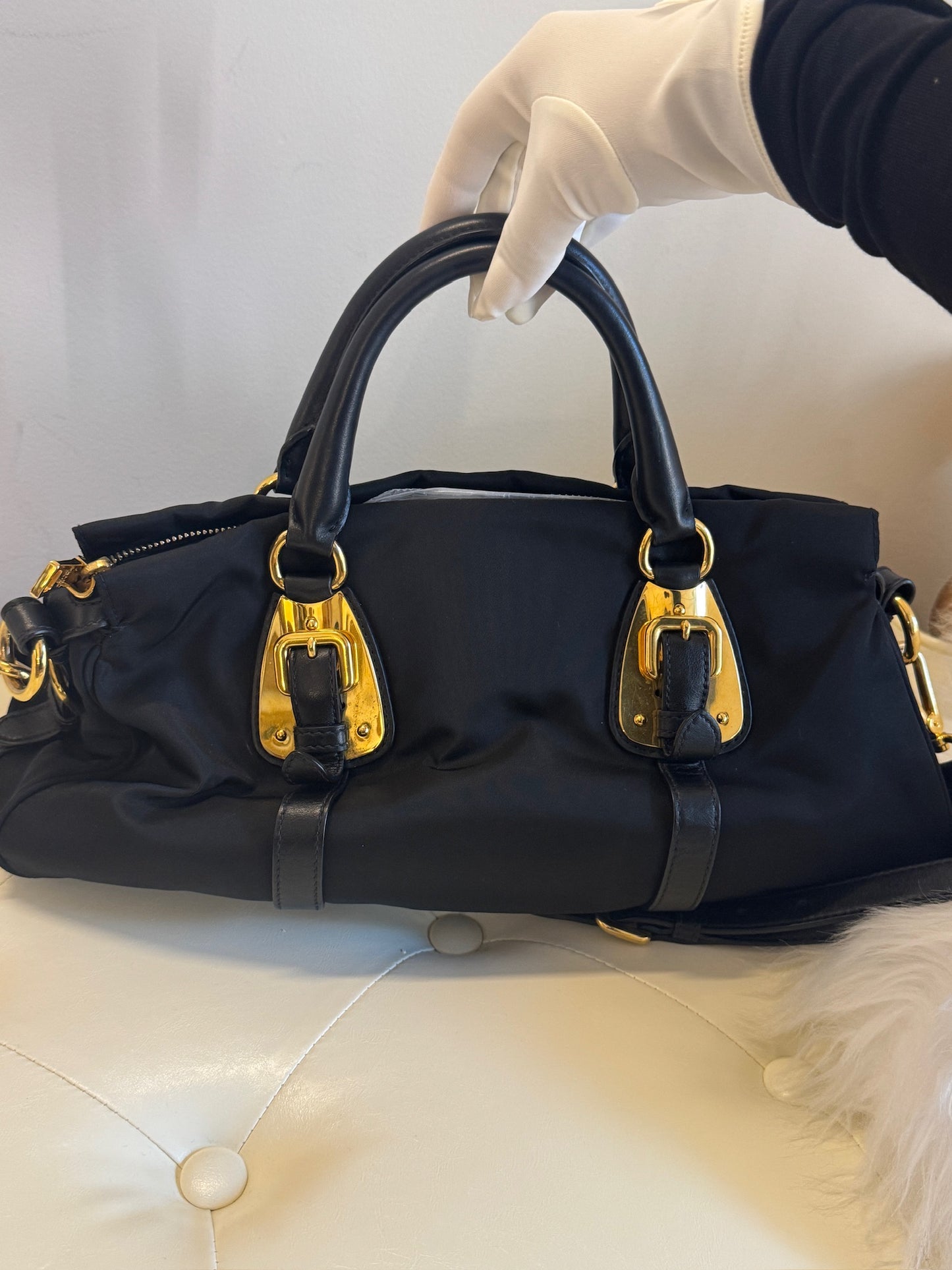 Prada Tessuto Leather and Nylon-Trim Handbag – Black