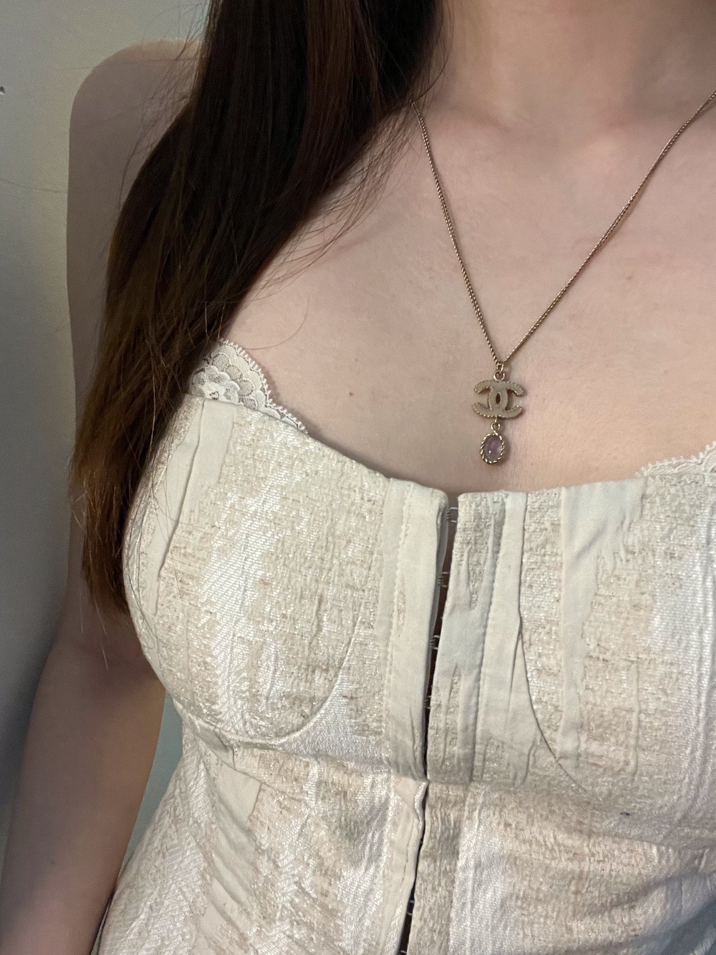 Chanel 2012 Gold CC Logo Pink Crystal Drop Necklace