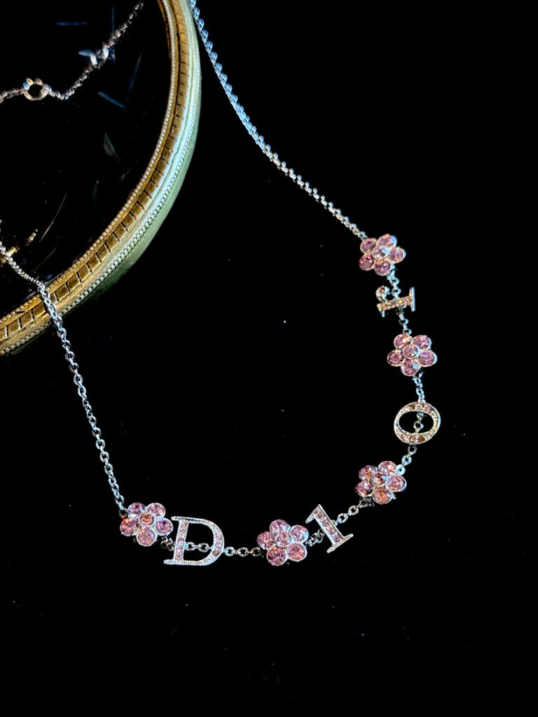 Dior Vintage Pink Crystal Floral Logo Necklace