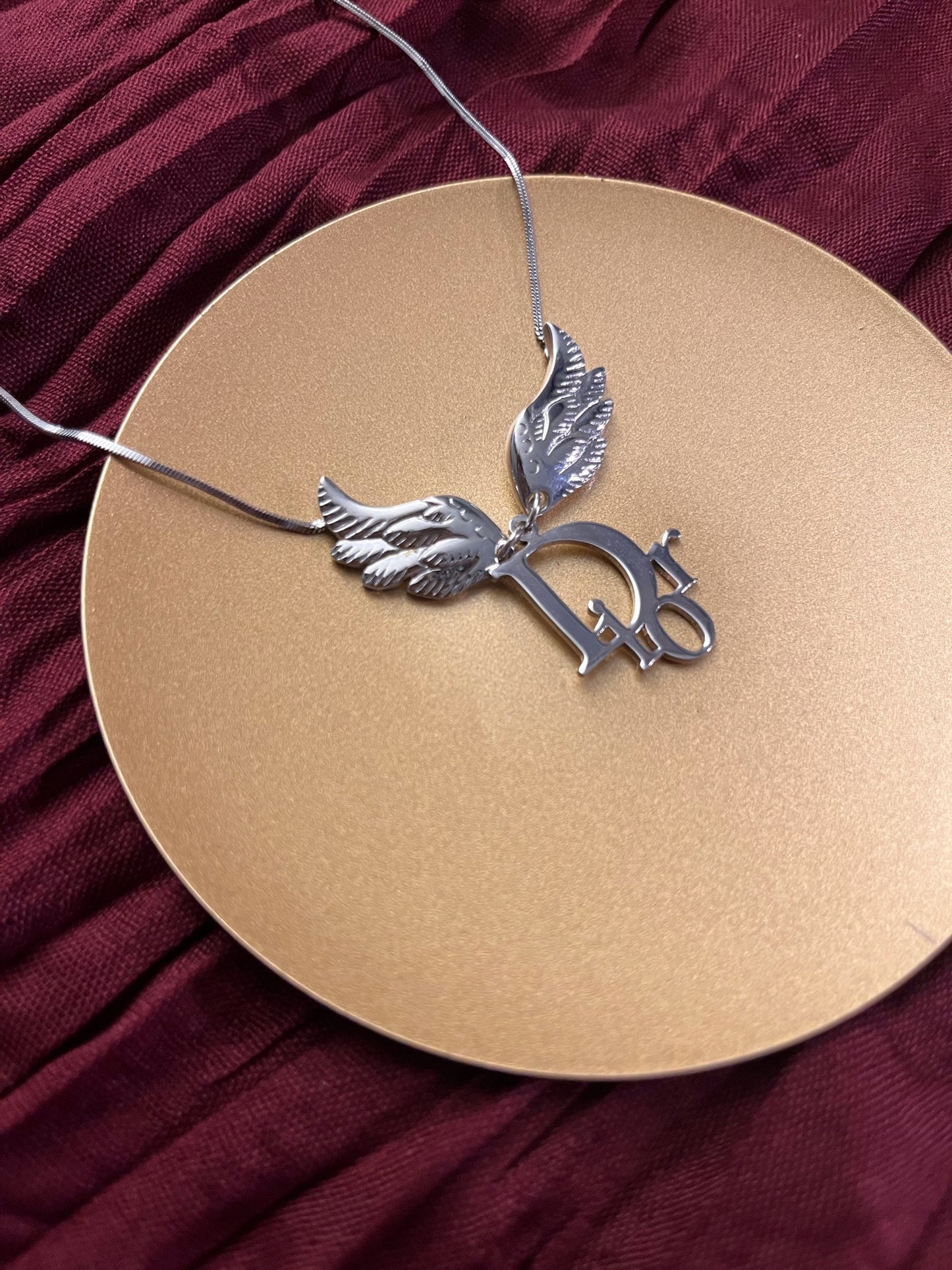 Dior Vintage Silver Angel Wing Logo Necklace