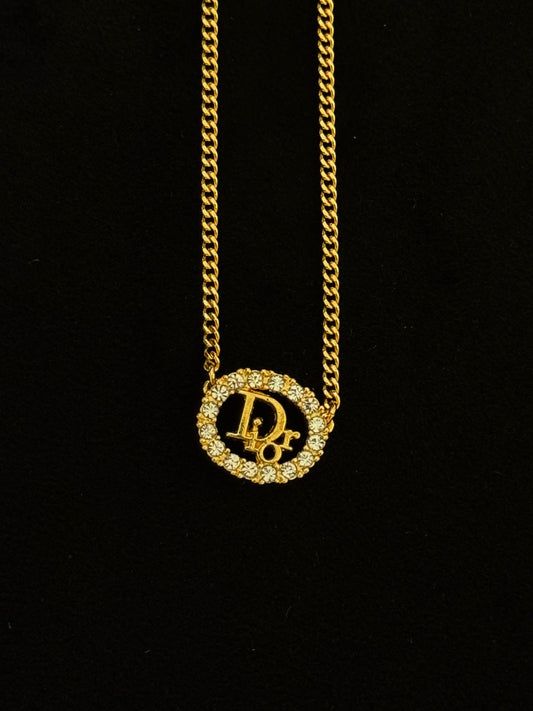 Christian Dior Crystal Logo Circle Pendant Necklace