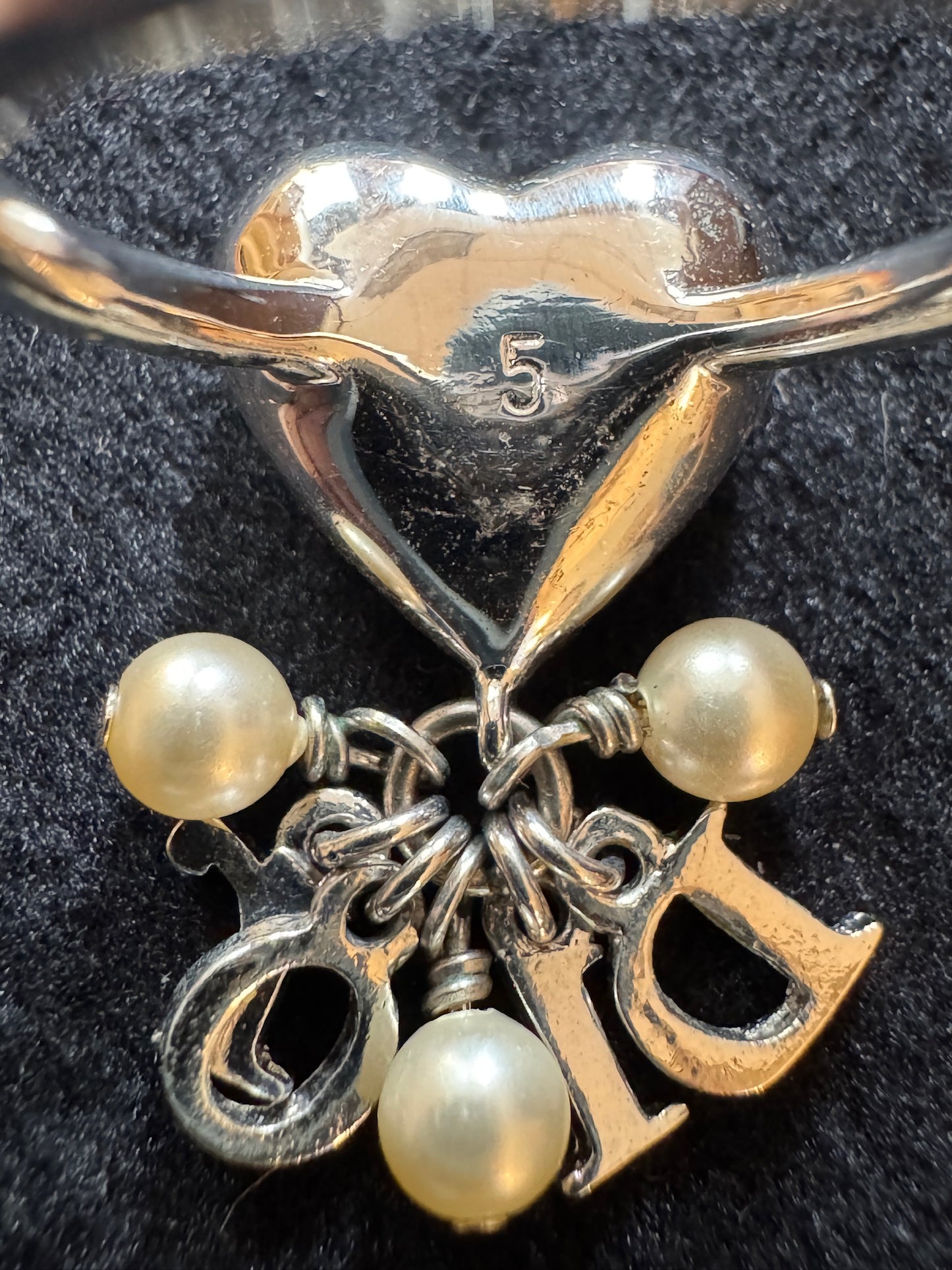 Christian Dior Heart Logo Pearl Charm Ring