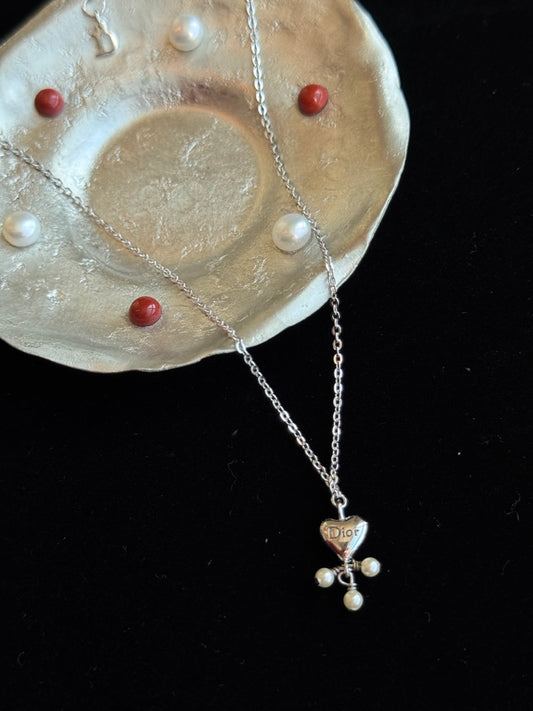 Dior Vintage Silver Small Heart Necklace with Pearl Drop Charms