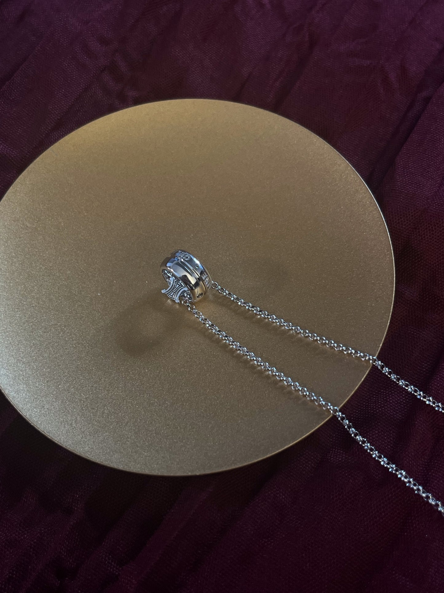 CELINE 925 Sterling Silver Logo Ring Pendant Necklace