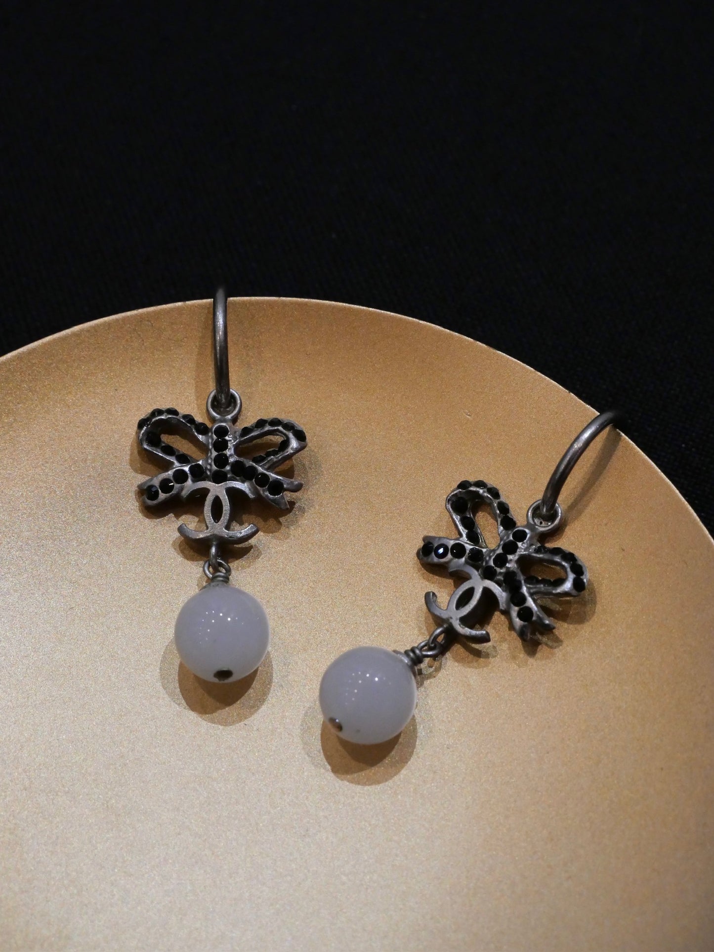 Chanel 2005 Bow & CC Faux Pearl Drop Earrings