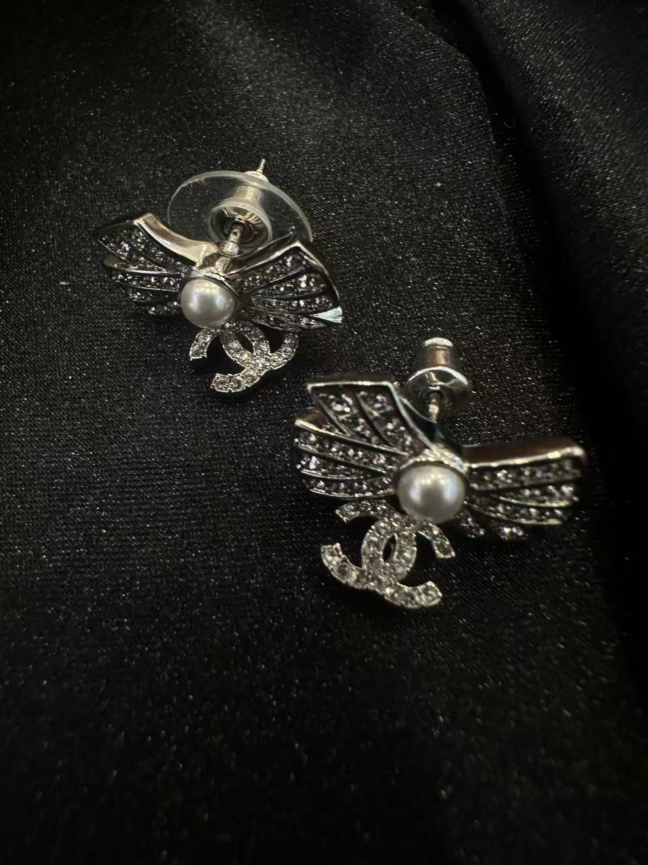 Chanel 2023 Crystal Bow & Pearl Drop Earrings