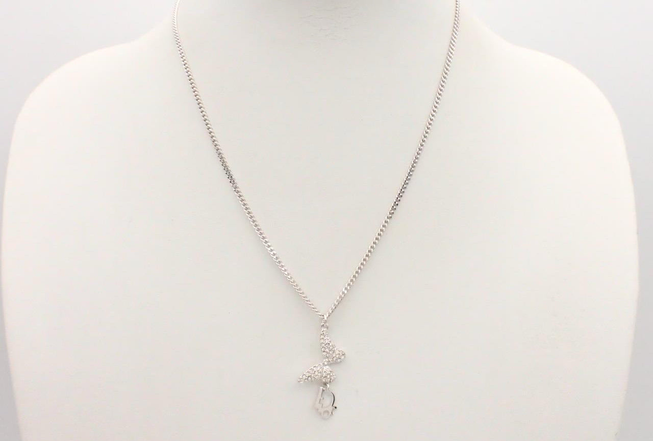 Dior Crystal Butterfly Drop Pendant Necklace (Silver Tone)
