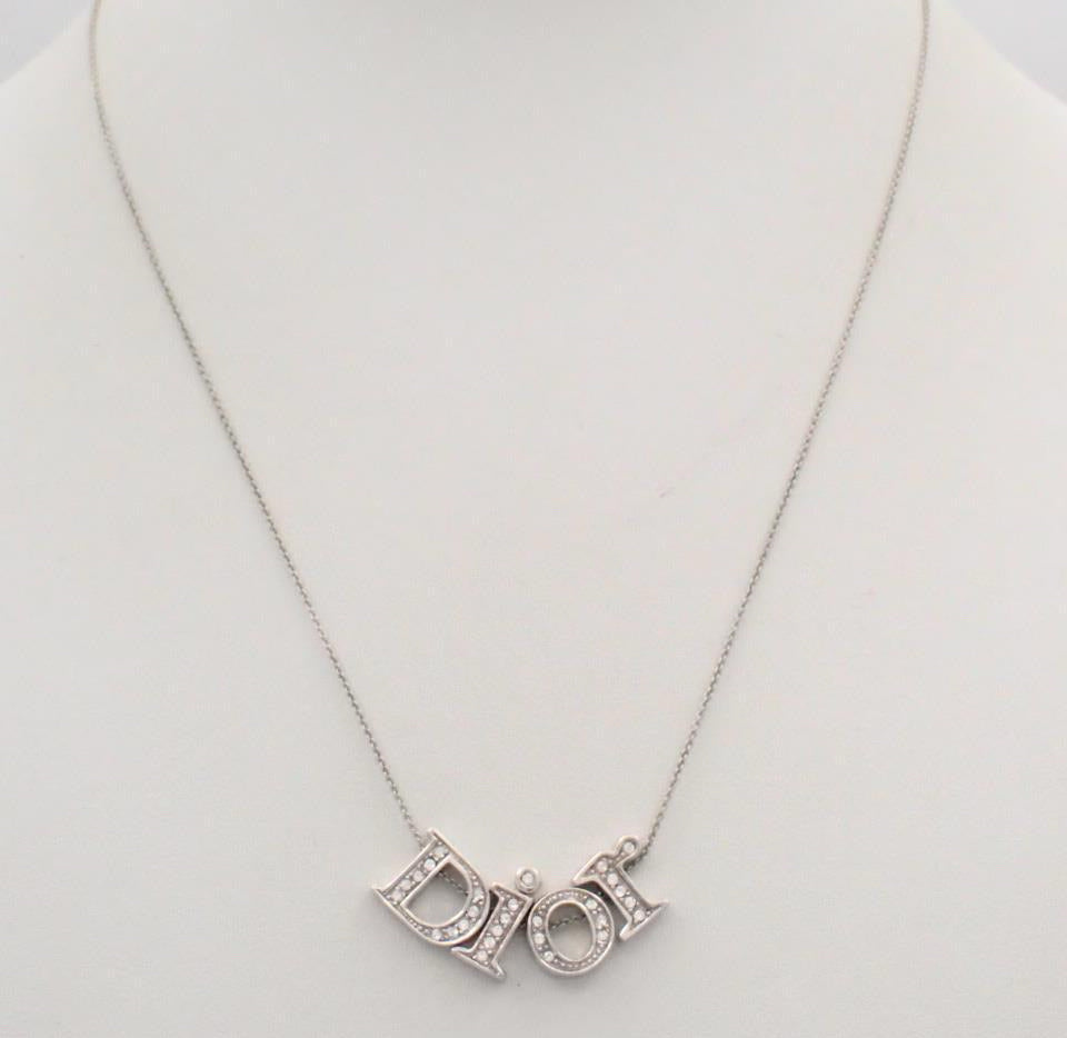 Vintage Dior Thick Silver Crystal Logo Necklace