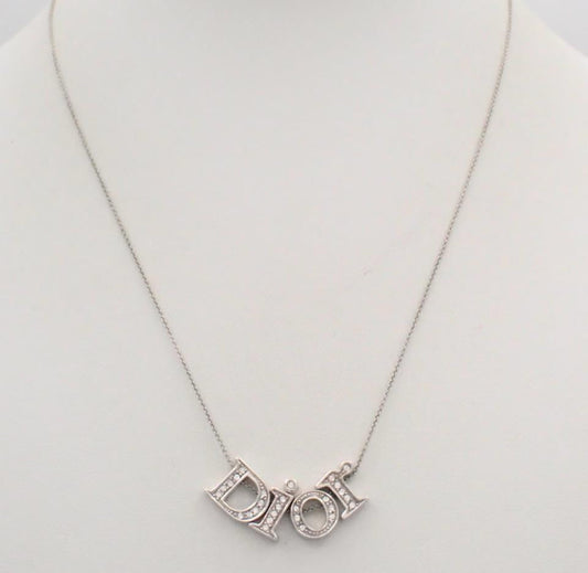 Vintage Dior Thick Silver Crystal Logo Necklace