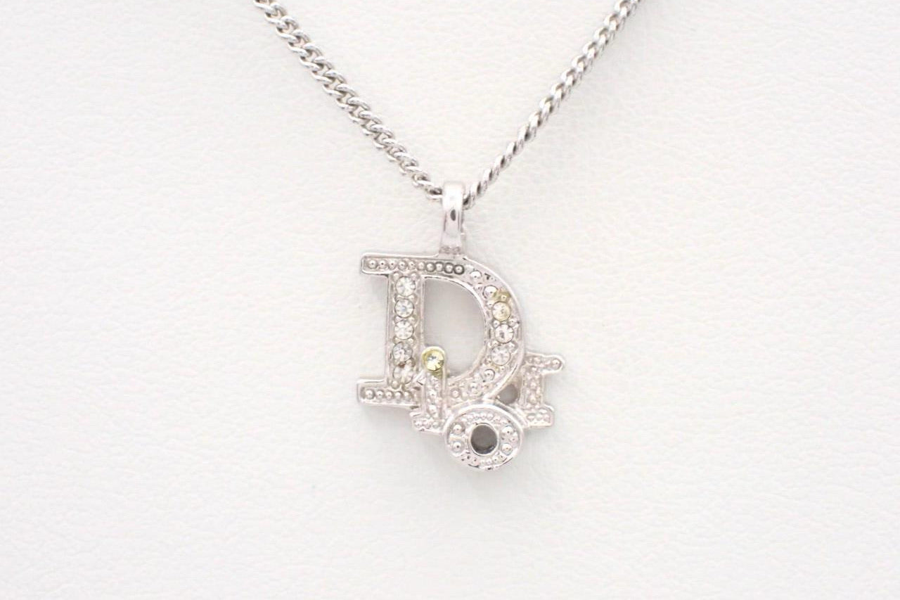 Dior Silver-Tone Rhinestone Logo Pendant Necklace