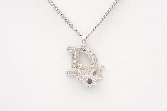 Dior Silver-Tone Rhinestone Logo Pendant Necklace