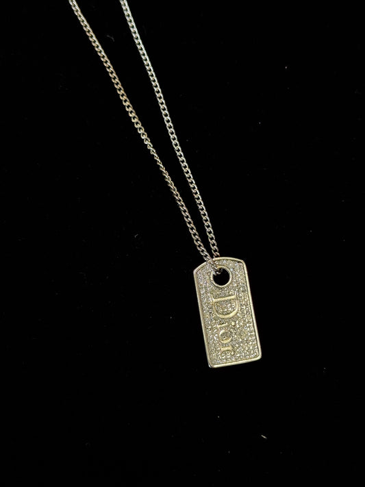 Vintage Dior Crystal Logo Tag Necklace – Silver Tone