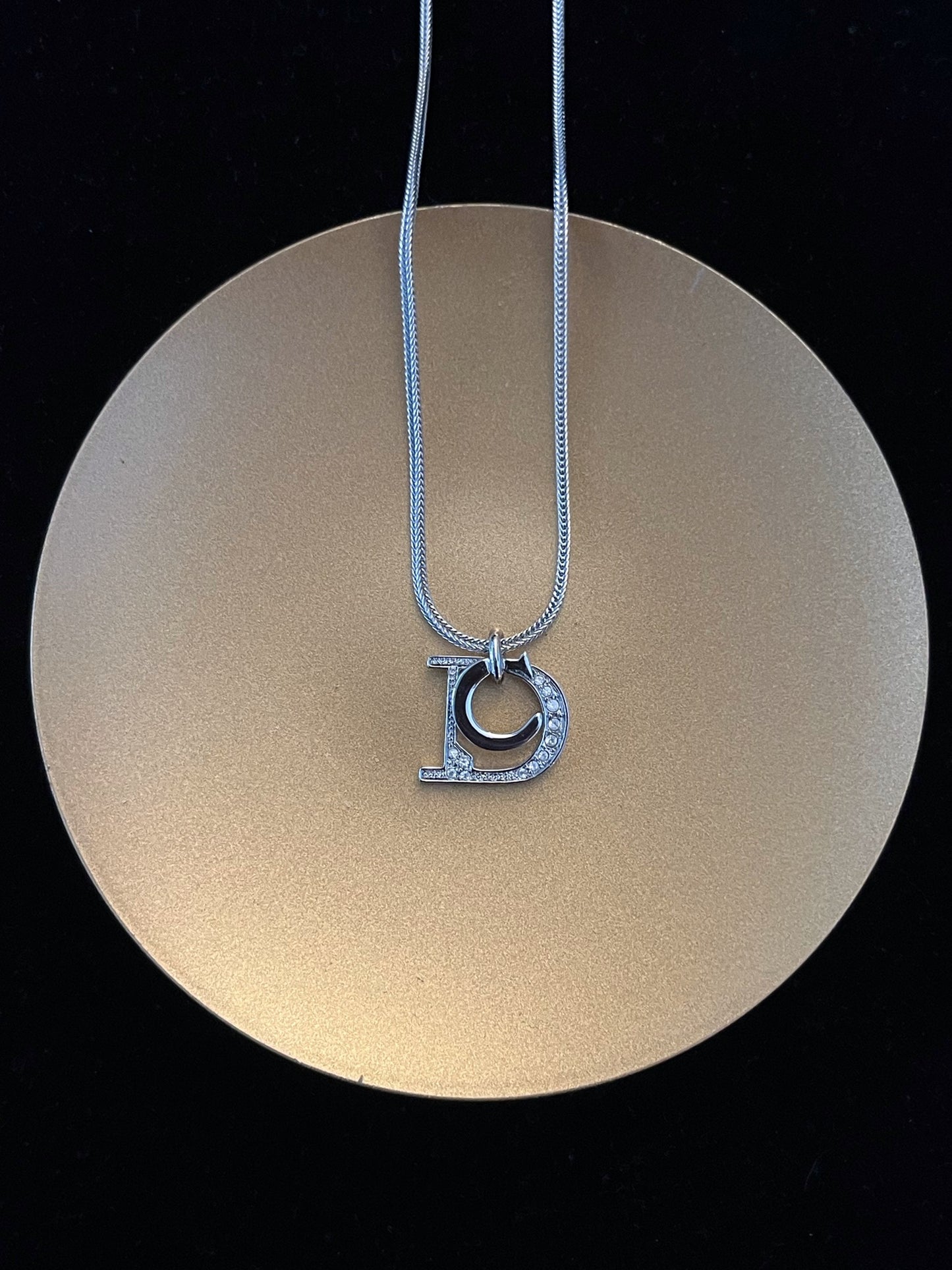 Vintage Dior Crystal Logo Pendant Necklace – Silver Tone