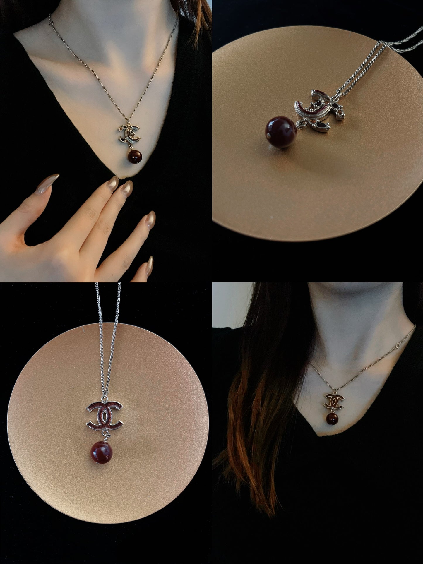 Chanel 2012 Deep Ruby Bead Logo Pendant Necklace