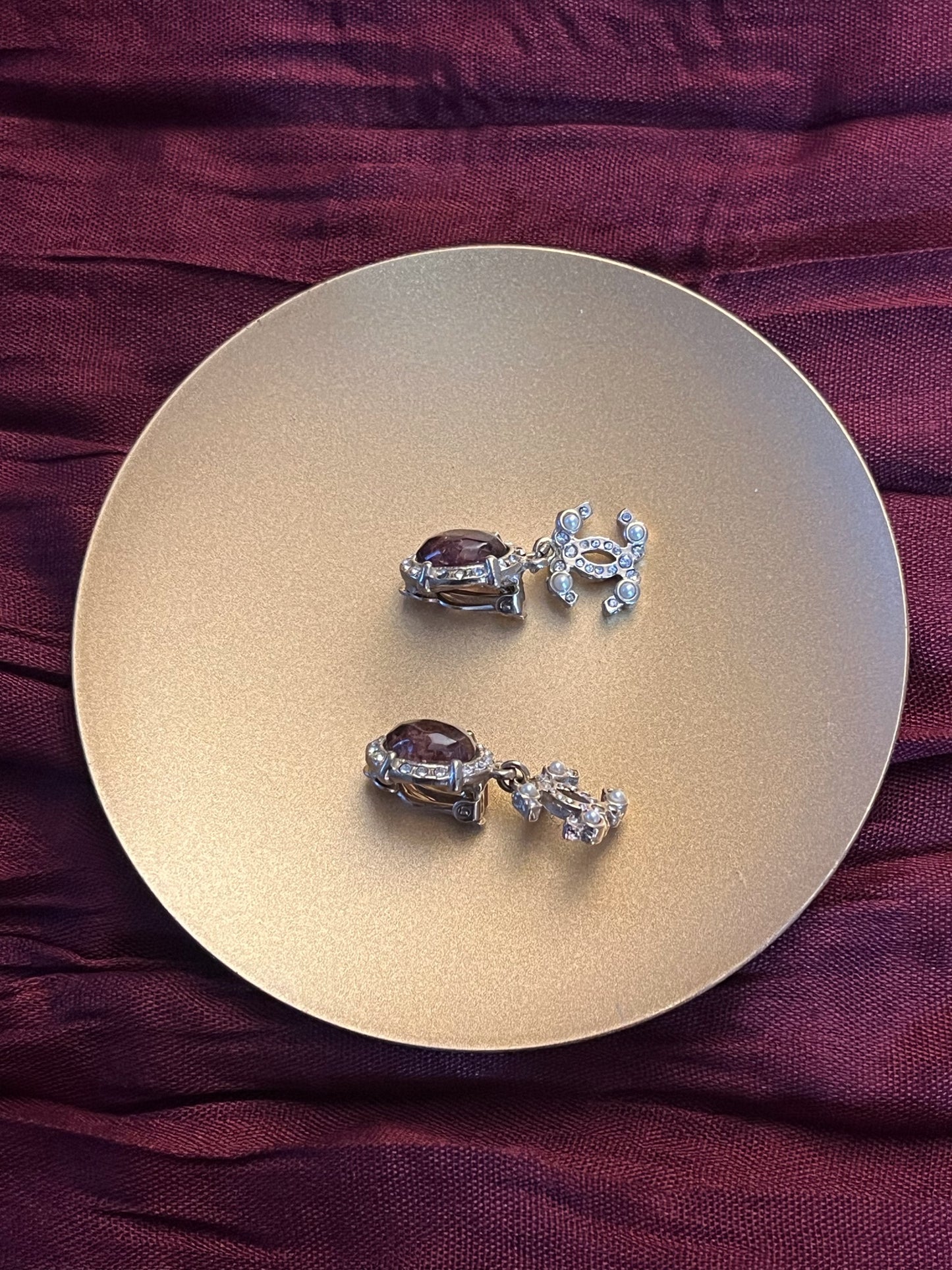 Vintage Chanel 2012 Red Agate Glass Double C Clip-On Earrings