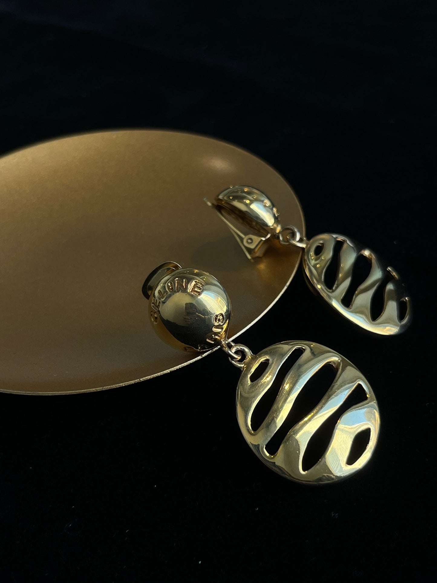 Celine Vintage Cutout Disc Drop Earrings (Gold Tone)