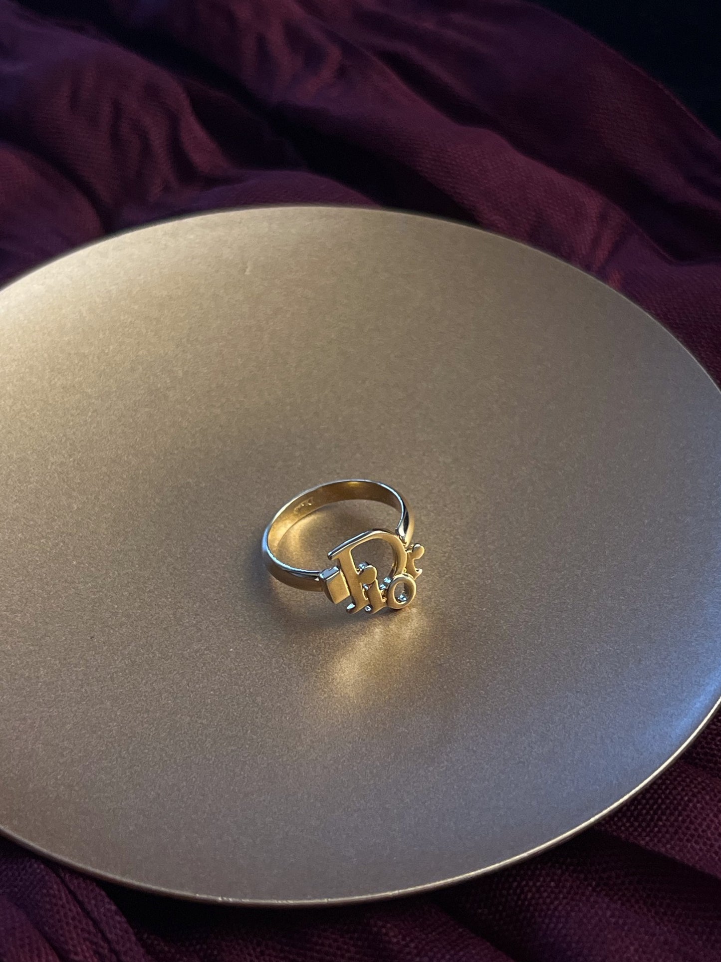 Vintage Dior Gold-Tone “D” Charm Ring with Crystal Accent