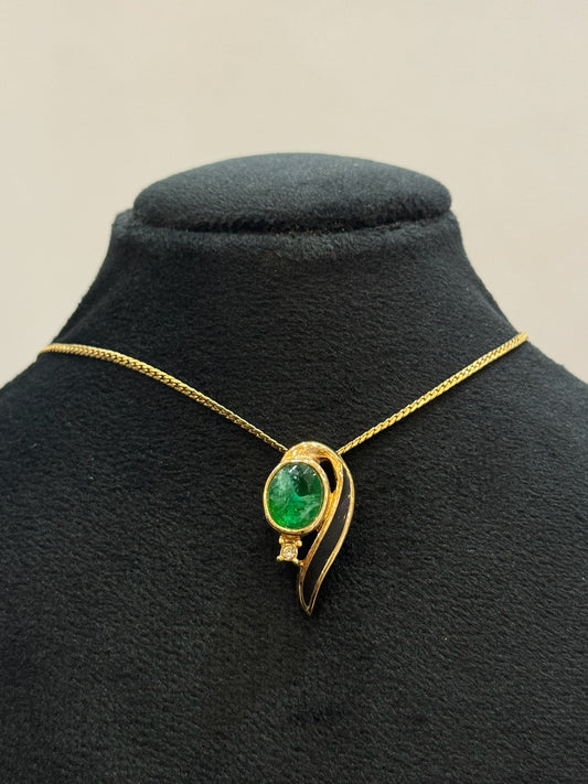 Vintage Dior Emerald Cabochon & Enamel Gold-Tone Pendant Necklace