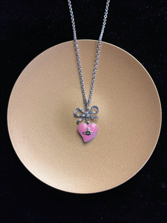 Vintage Vivienne Westwood Silver Bow Double-Sided Pink Heart Orb Necklace