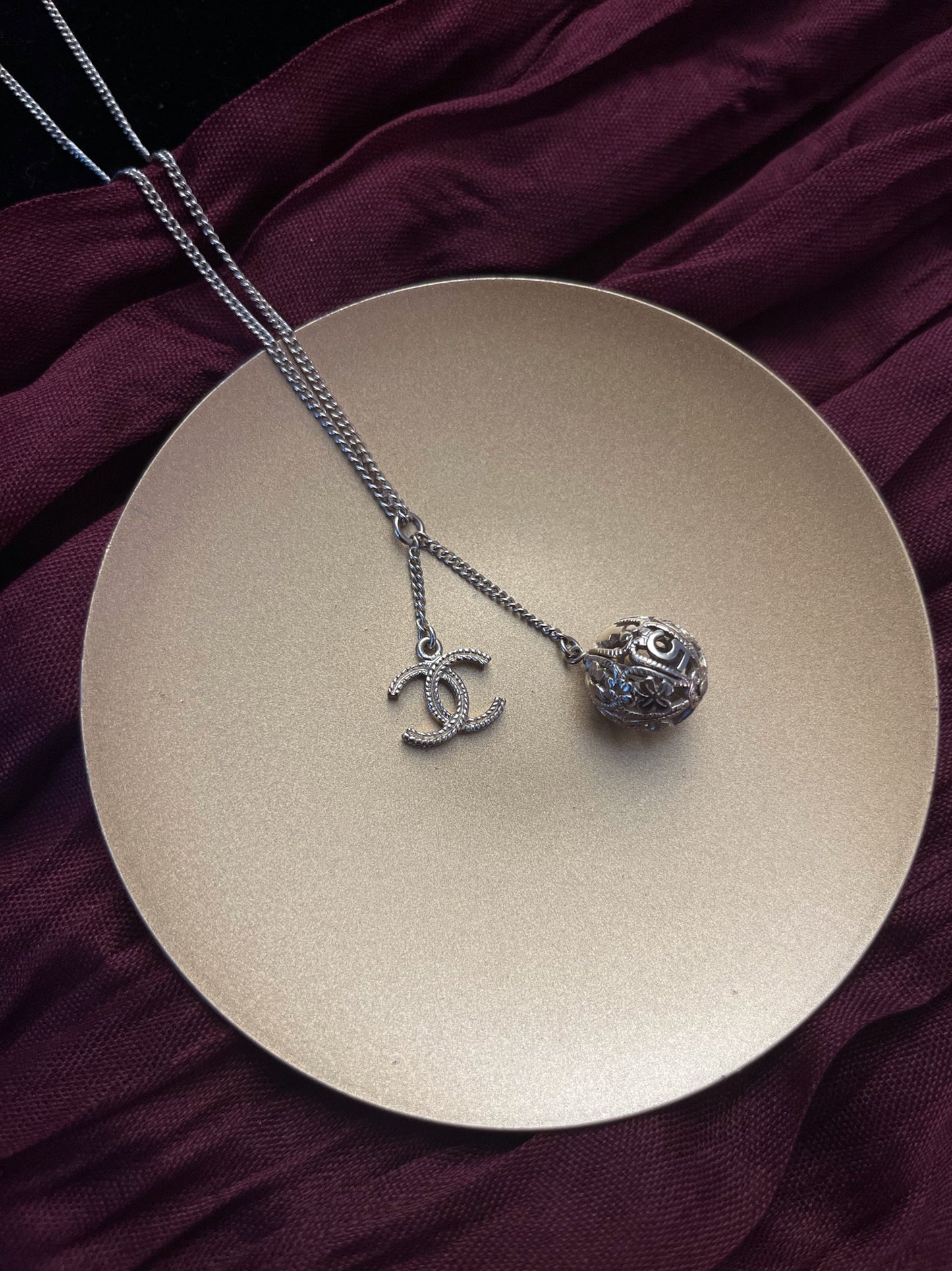 Chanel 2006 Champagne-Gold Filigree Sphere & CC Charm Necklace
