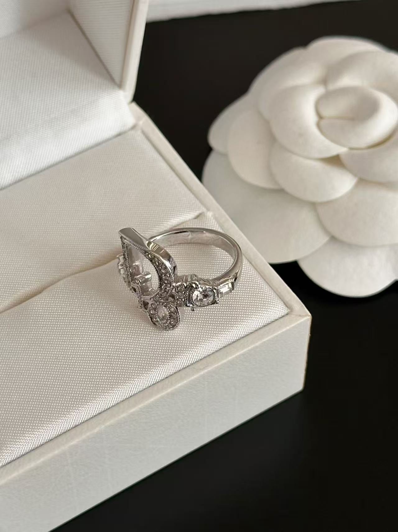 Dior Silver-Tone Rhinestone Logo Ring
