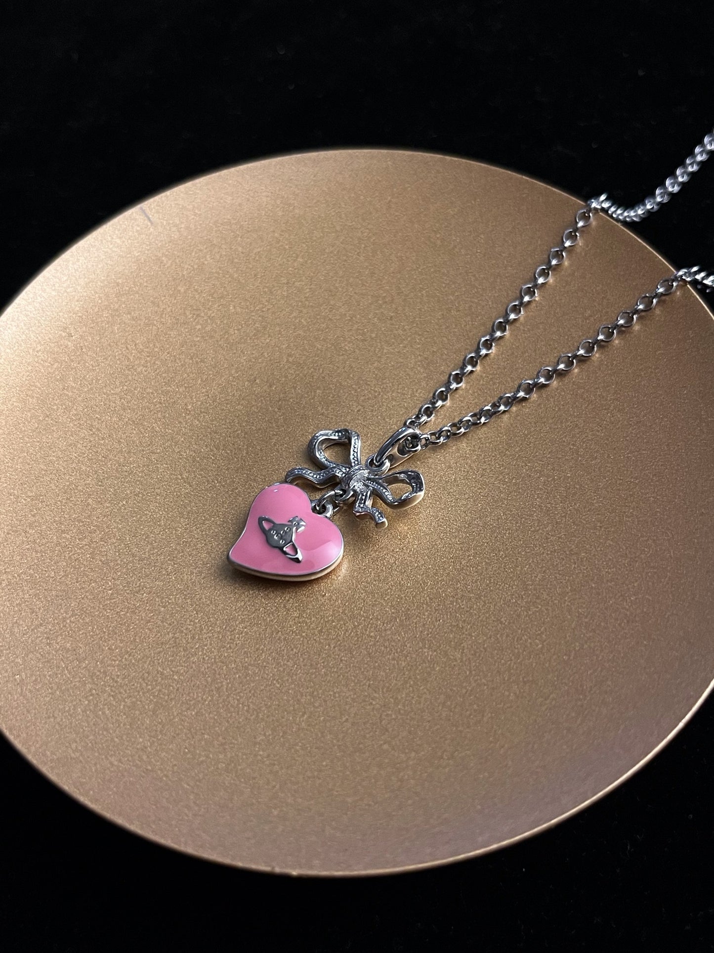Vintage Vivienne Westwood Silver Bow Double-Sided Pink Heart Orb Necklace