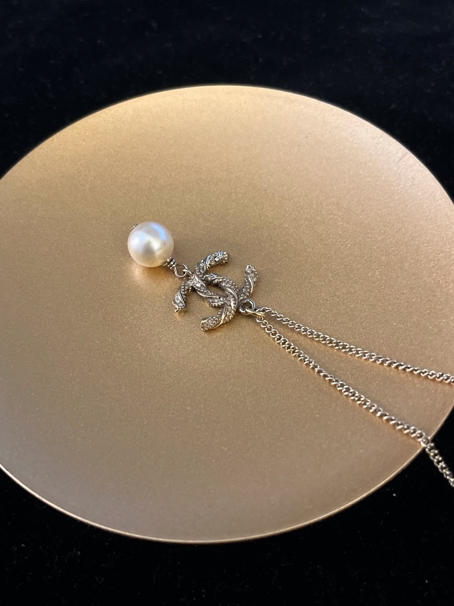 Chanel 2015 Double-Sided Twisted CC Crystal Pearl Drop Necklace