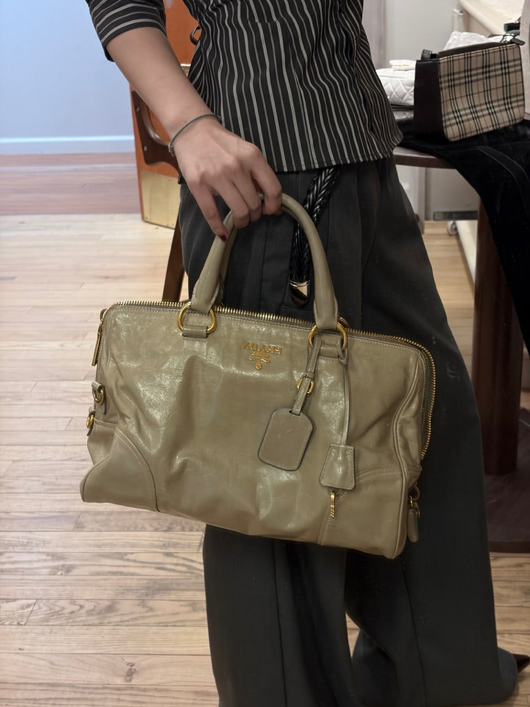 Prada Vintage Taupe Glossy Leather Top Handle Satchel