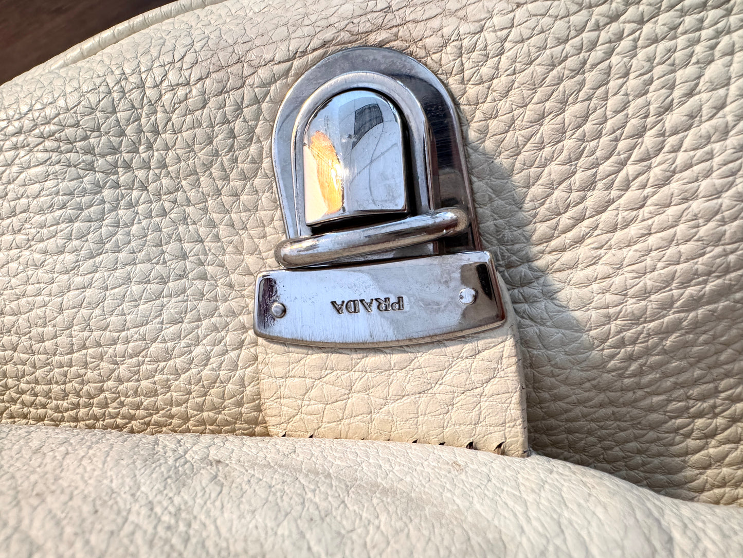 Vintage Prada Cream Pebbled Leather Shoulder Bag with Silver Hardware