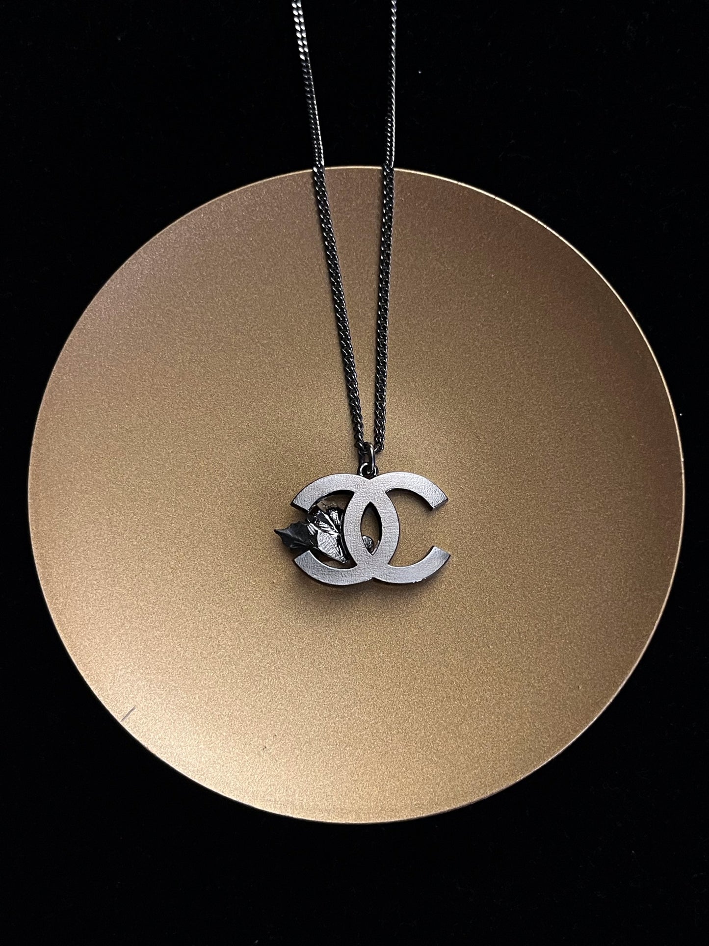 Chanel 2005 Black & Silver Double CC Wing Pendant Adjustable Necklace