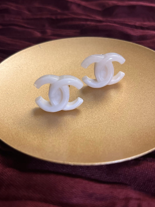Chanel 2002 Milky White Faux Jade CC Clip-On Earrings