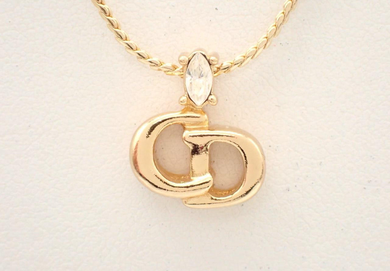 Vintage Dior Gold CD Logo Crystal Pendant Necklace