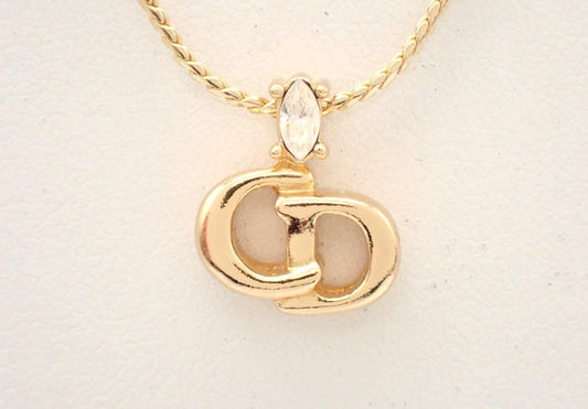 Vintage Dior Gold CD Logo Crystal Pendant Necklace